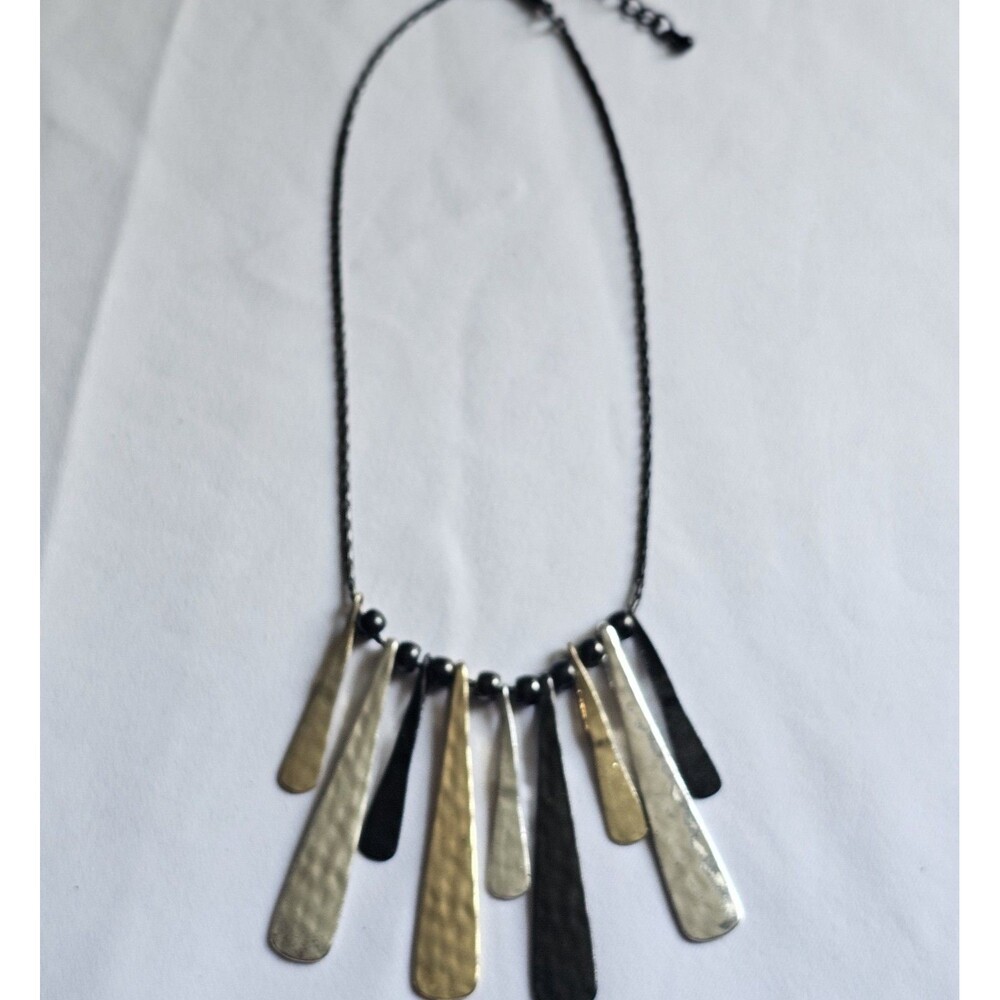 Vintage Mixed Metal Hammered Bar Fringe Statement Necklace Multi Silver Gold